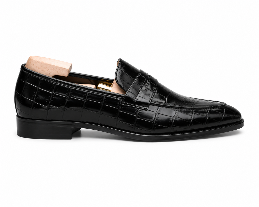 Black Crocodile Print Leather Potenza Penny Loafers