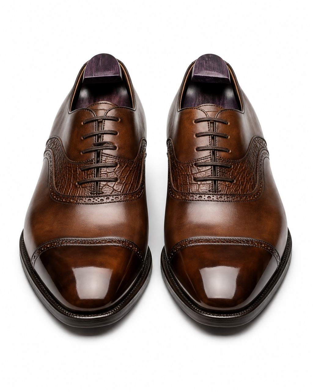 Height Increasing Intreccio Brown Burnished Leather Oxford Shoes