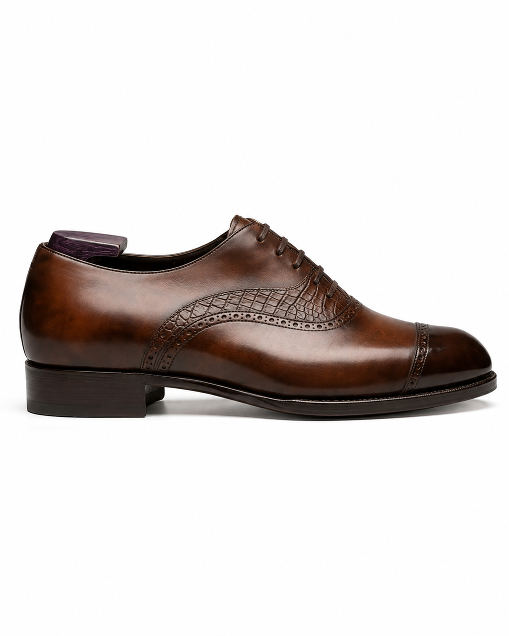 Height Increasing Intreccio Brown Burnished Leather Oxford Shoes