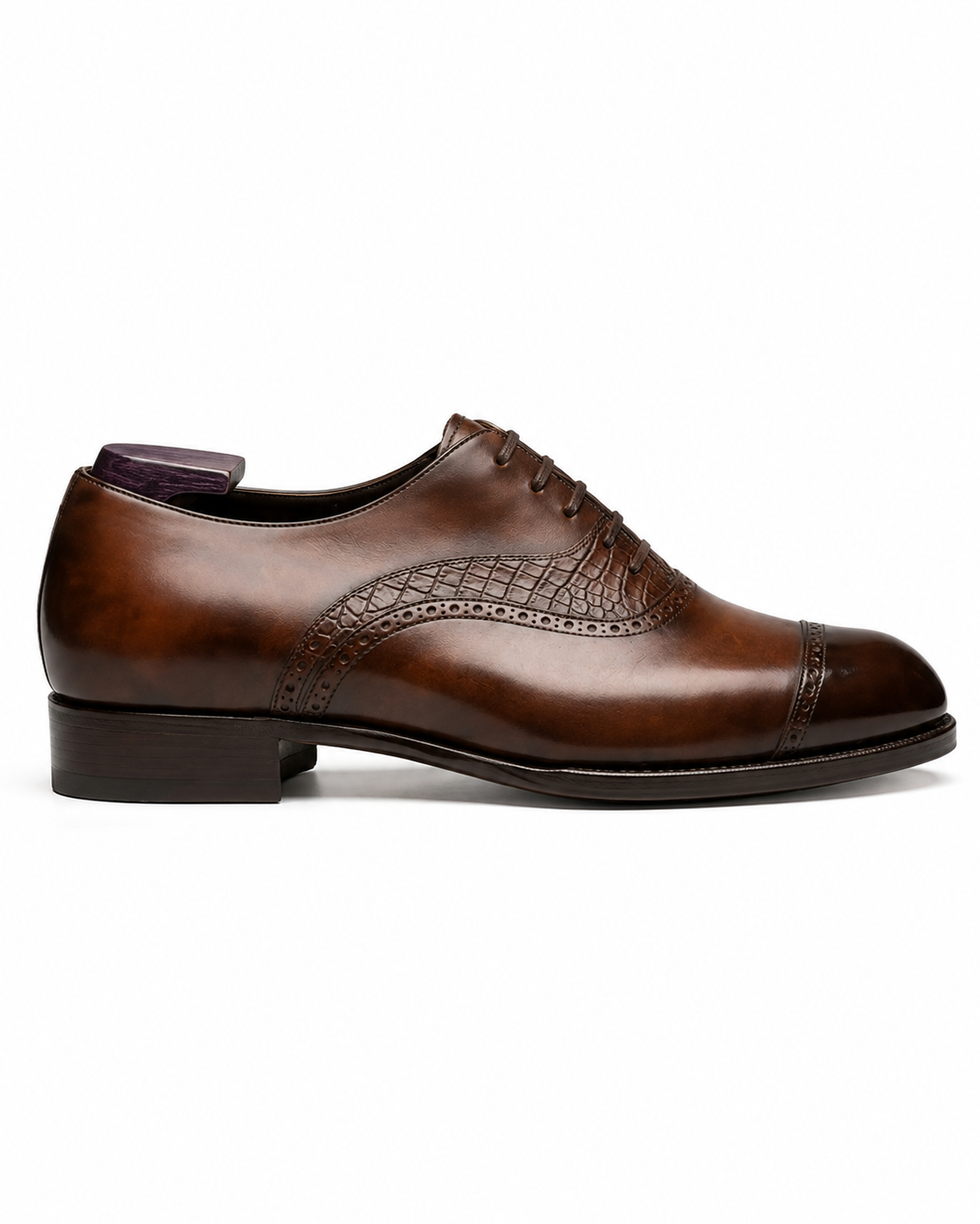 Height Increasing Intreccio Brown Burnished Leather Oxford Shoes