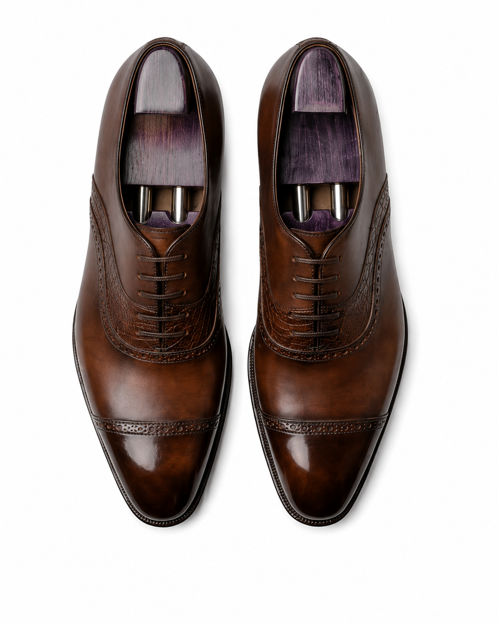 Height Increasing Intreccio Brown Burnished Leather Oxford Shoes