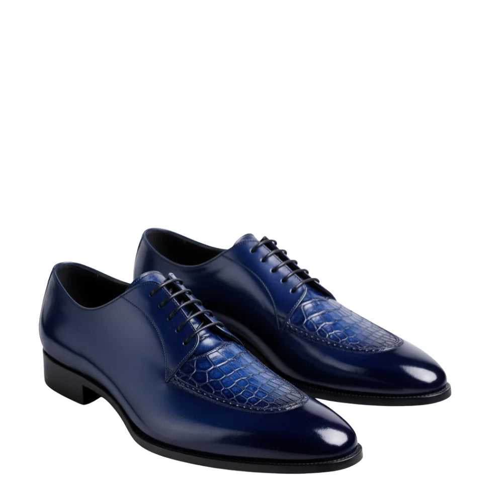 Navy Blue Croc Pattern Italian Conal Derby Dress Shoes - Bellora Italia