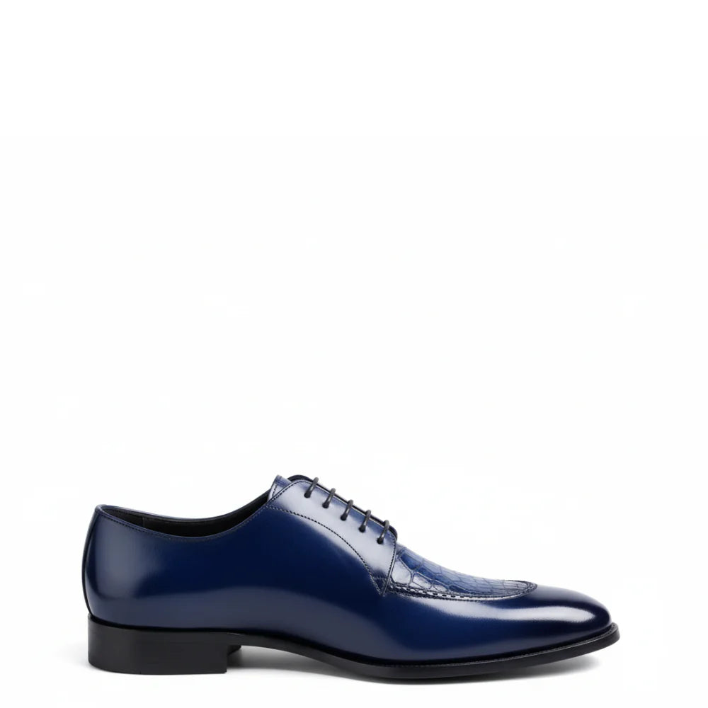 Navy Blue Croc Pattern Italian Conal Derby Dress Shoes - Bellora Italia