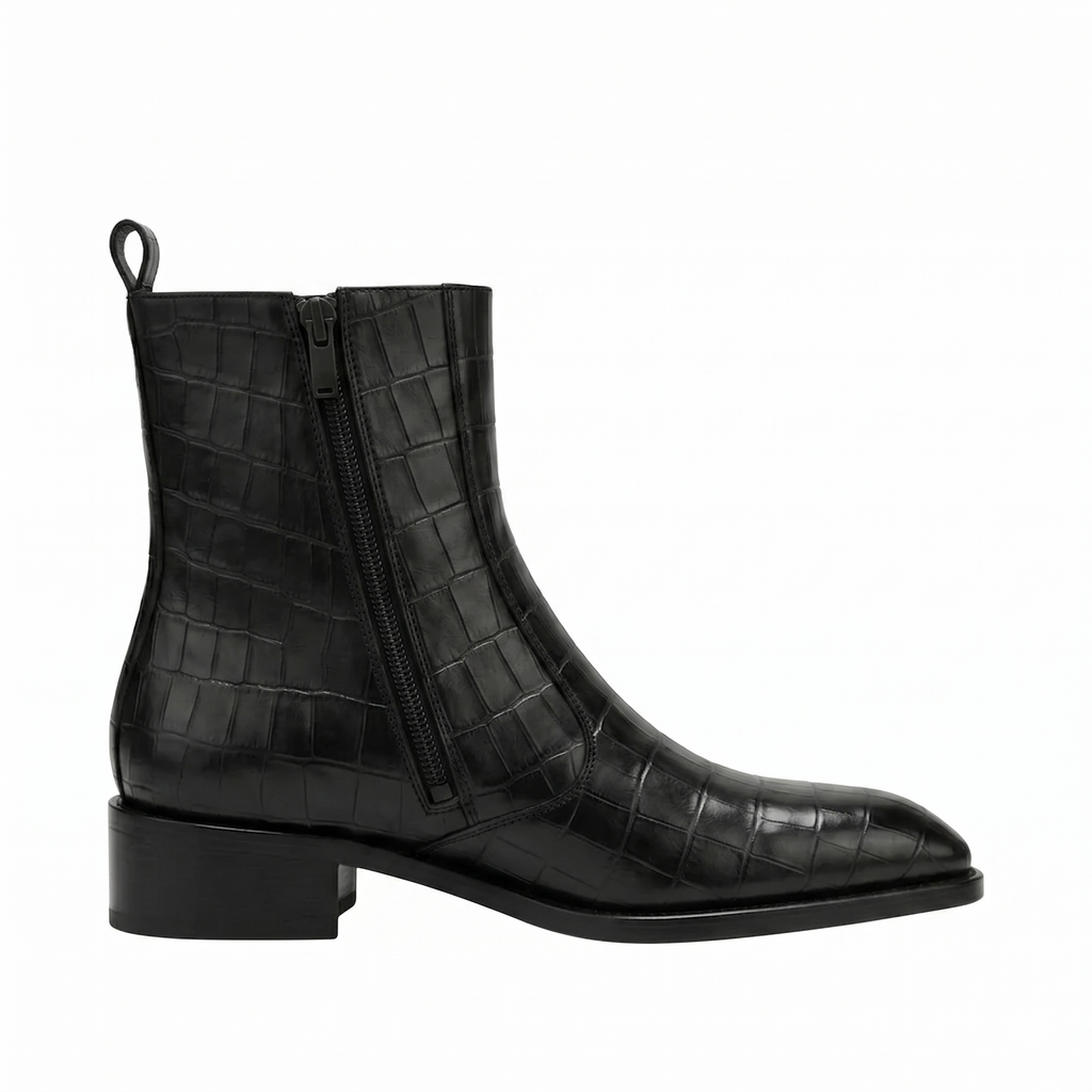 Height Increasing Scuro Black Crocodile Print Zipper Boots