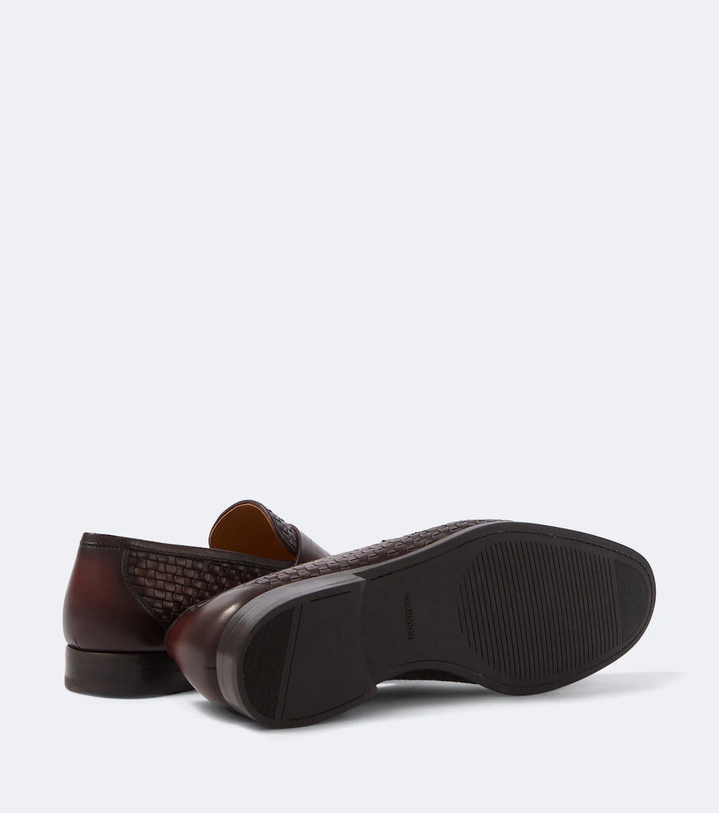 Dark Brown Woven Leather "Cavieri" Penny Loafers