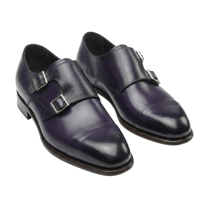Handcrafted Deep Purple Leather Monje Double Monk Strap Shoes - Cap Toe Dress Shoes