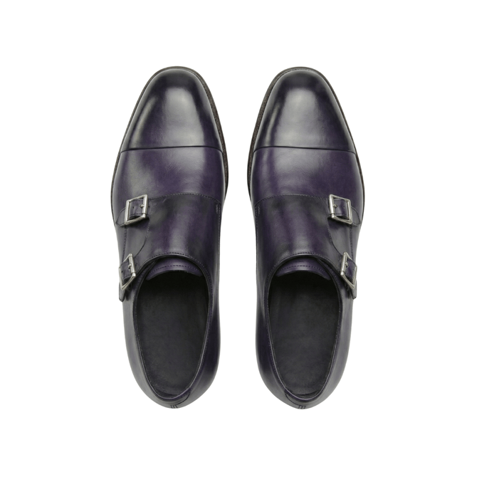 Handcrafted Deep Purple Leather Monje Double Monk Strap Shoes - Cap Toe Dress Shoes