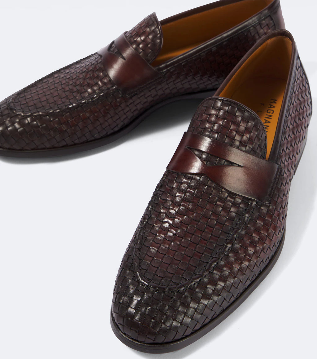 Dark Brown Woven Leather "Cavieri" Penny Loafers