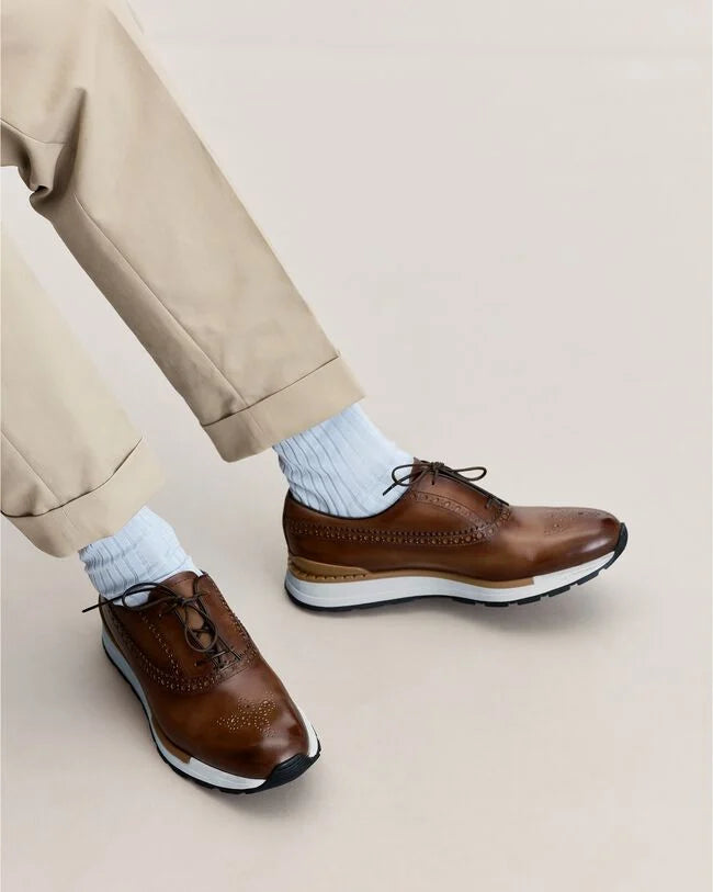 Cognac Patina Leather "Bravino" Hybrid Wingtip Sneakers