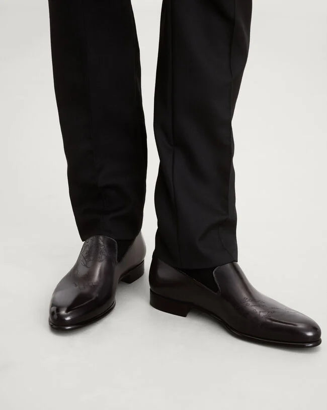 Black Burnished Leather "Orvani" Belgian Loafers