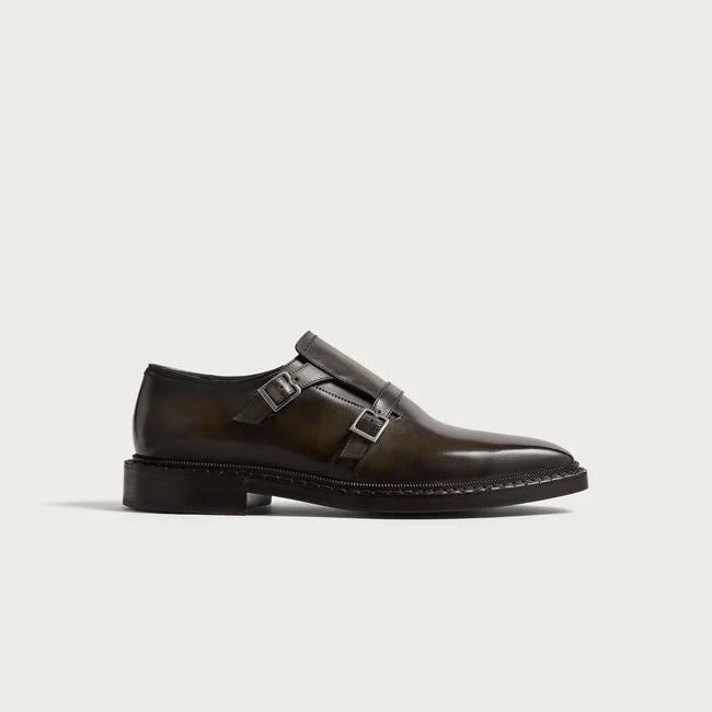 Olive Patina Leather "Varese" Double Monk Strap Shoes