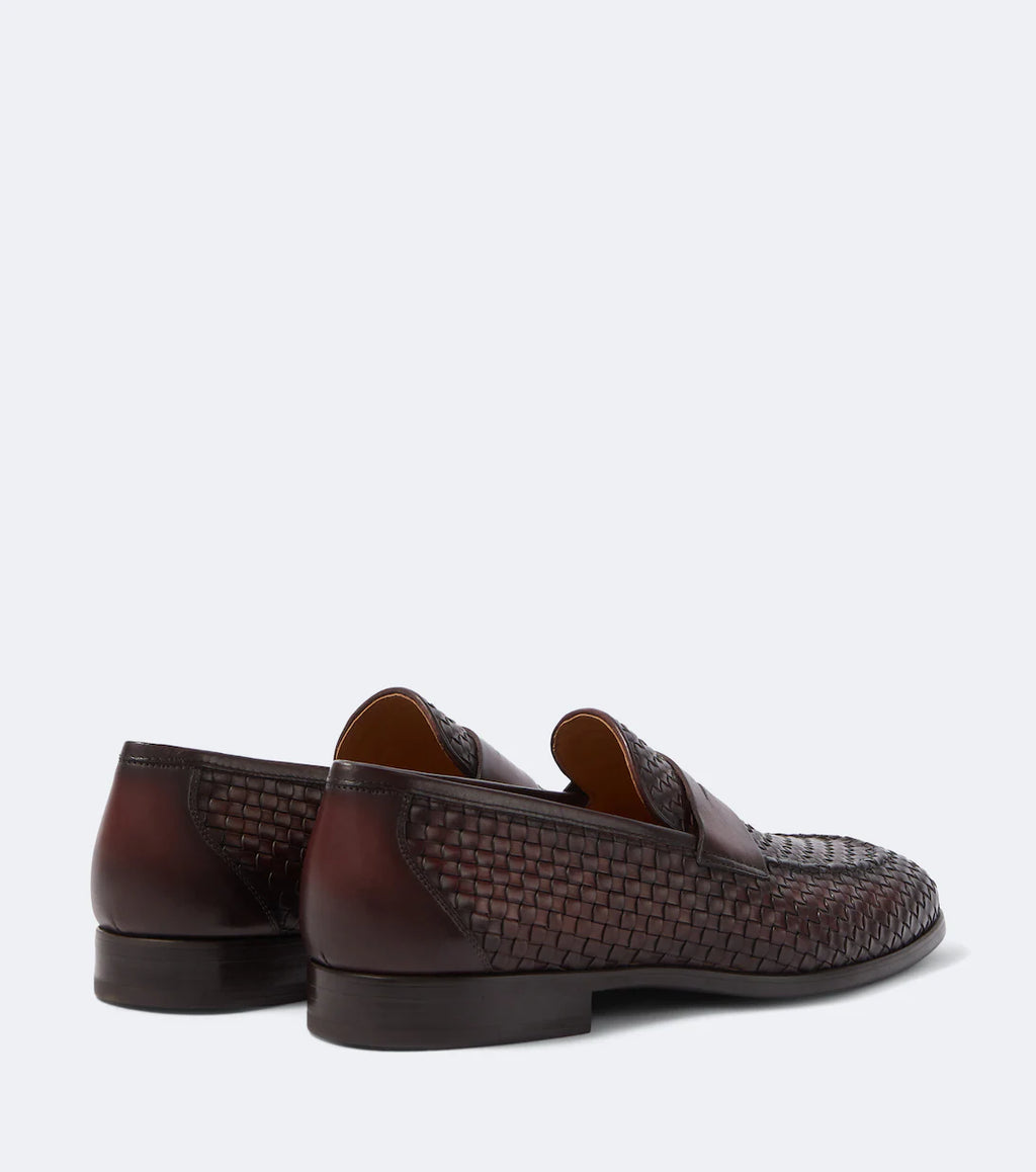 Dark Brown Woven Leather "Cavieri" Penny Loafers