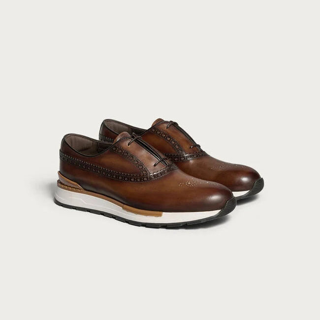 Cognac Patina Leather "Bravino" Hybrid Wingtip Sneakers