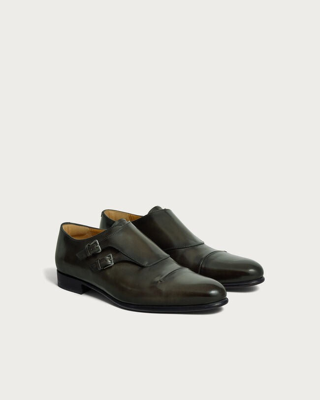 Forest Patina Leather "Cortello" Double Monk Strap Shoes