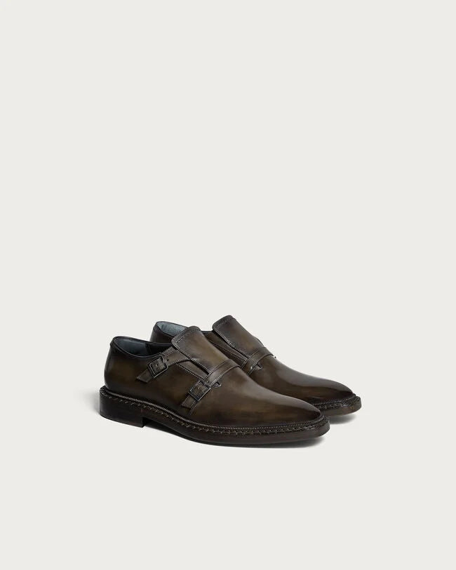 Olive Patina Leather "Varese" Double Monk Strap Shoes