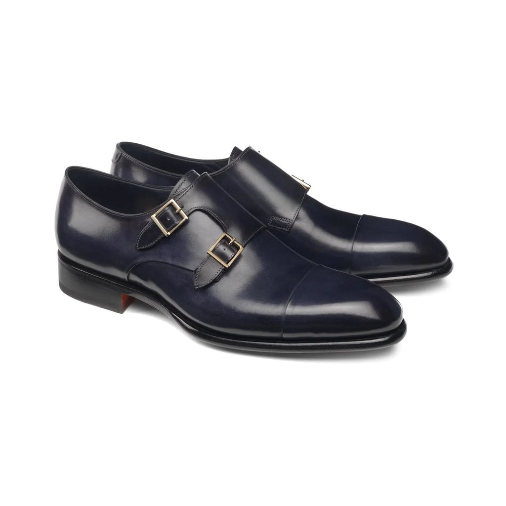 Handcrafted Deep Purple Leather Monje Double Monk Strap Shoes - Cap Toe Dress Shoes