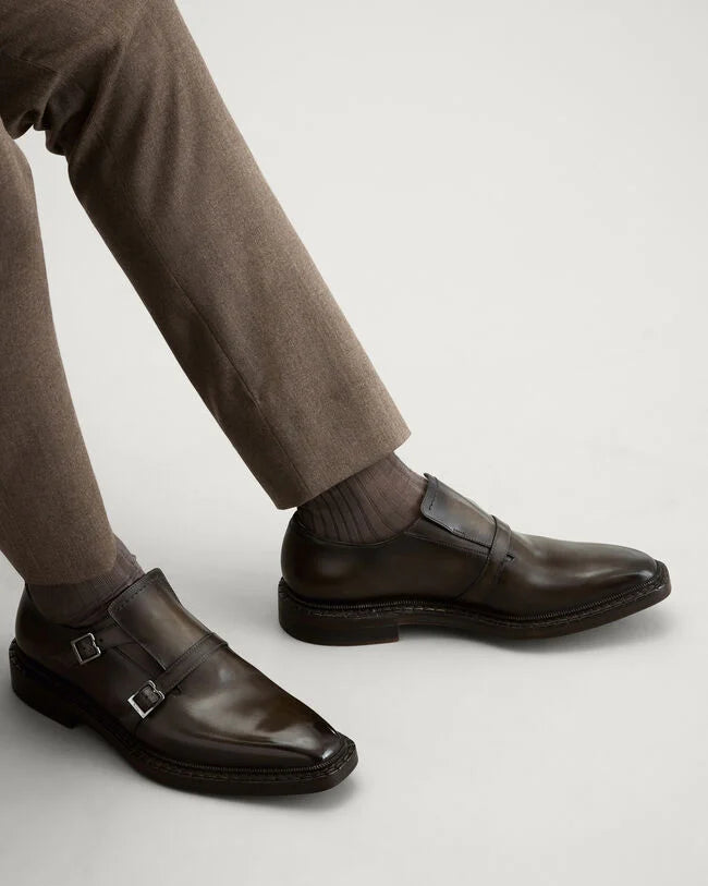 Olive Patina Leather "Varese" Double Monk Strap Shoes