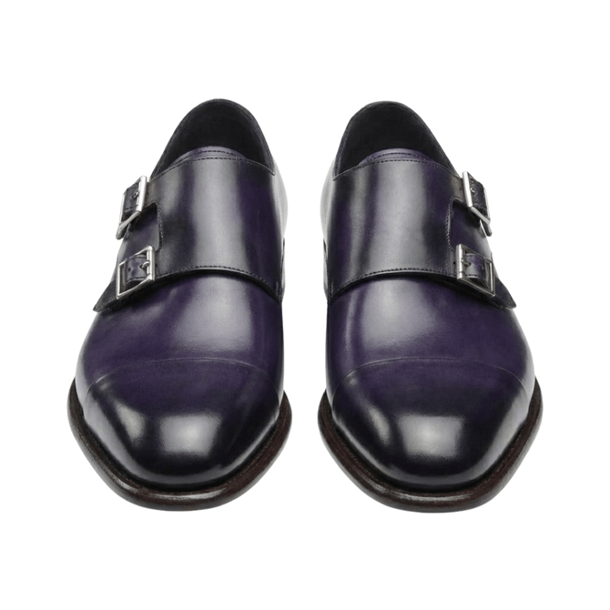 Handcrafted Deep Purple Leather Monje Double Monk Strap Shoes - Cap Toe Dress Shoes